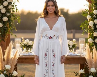 White Boho Long Cotton Dress with Handmade Floral Embroidery | V-Neckline.