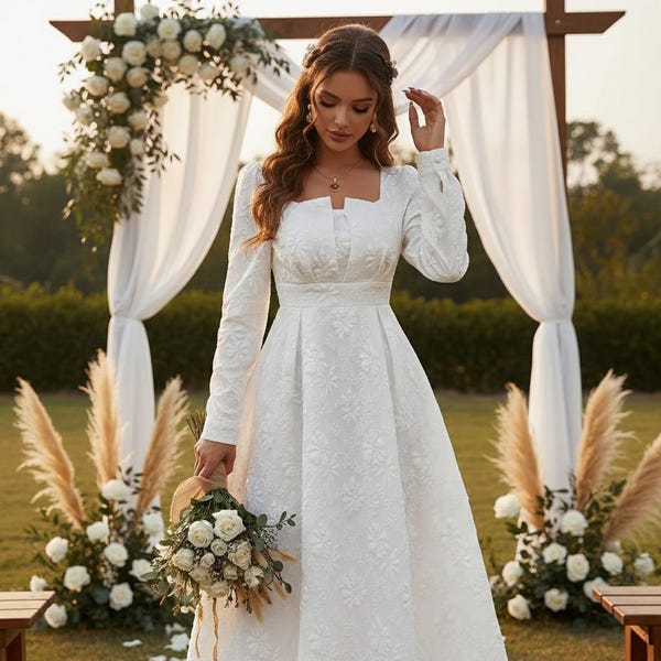 Boho Wedding Dress with Floral Lace and Long Sleeves - Modern Lace Civil Wedding Dress - Square Neckline, A-line Skirt and Vintage Bohemian