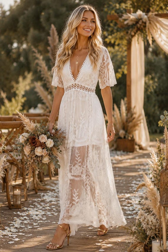 boho dress occasion Long White Lace Dress, Hand-embroidered Floral | Ibizan for Wedding Guests, Civil Weddings, Christenings | Romantic Handmade Isla | V-Neck A-Line CAA05E6C023AA Features Size:17 (36/37) houndstooth