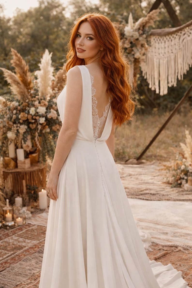 K&ouml;nnte beinhalten: Ein wei&szlig;es Hochzeitskleid mit tiefem R&uuml;cken und zarten Spitzendetails. Das &auml;rmellose Kleid hat einen flie&szlig;enden Rock und einen Knopfverschluss hinten. Das Bild ist im Freien mit einem nat&uuml;rlichen, b&ouml;hmischen Thema aufgenommen, mit einer Frau mit langen roten Haaren.