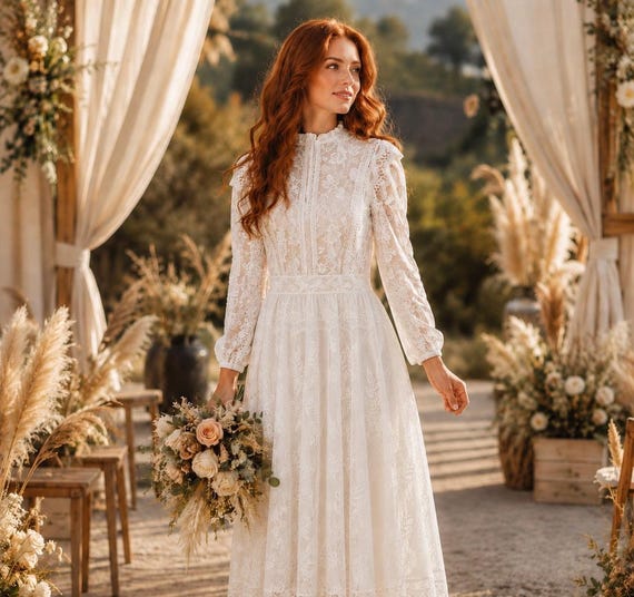 midi boho white dress Lace Wedding Dress, for Civil Ceremony, Sheer Long Sleeves, Vintage High Neck, Romantic Beach Dress, Cottagecore Love Culture Vestido bodycon Collar:Button-Down Collar Size:1 -2 years the breathable fabric keeps