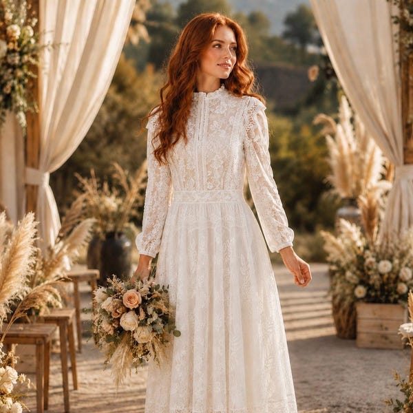 May include: A long-sleeved white lace dress featuring a high neckline, a fitted bodice, and a flowing skirt. The intricate floral lace pattern covers the entire garment, which is paired with a bouquet of mixed cream and beige flowers.