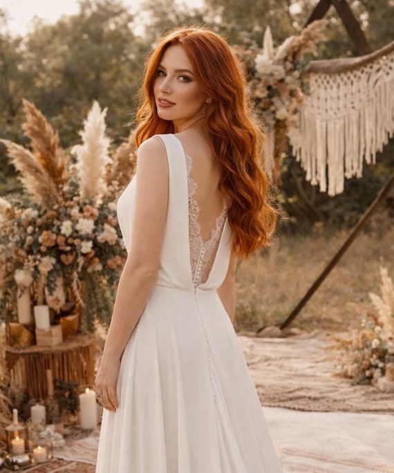 boho silk wedding dress Chic in Chiffon, Floral Lace Back and V-neckline, Minimalist A-line Wedding Dress With Train, Wedding Boho Dress making it a perfect