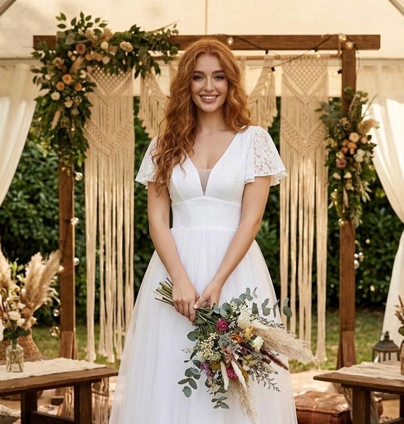 midi boho wedding dress Lace and Tulle Dress, Vintage Style Cut With Butterfly Sleeves, V-neck and Open Back With Buttons, Civil or Rustic Wedding Significant Other Danika Long-Sleeve Wedding_Dress Side pockets cut into US SIZE:US14