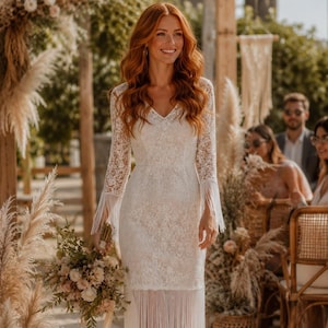 white long sleeve fringe dress Short Beaded Fringe Mini Dress with Sheer Sleeves 48152