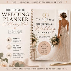 Puede incluir: Un libro de planificación de bodas y recuerdos con encuadernación en espiral y portada color crema que muestra a una persona con un vestido de novia de encaje blanco. El texto dice The Ultimate Wedding Planner & Memory Book, 42 páginas y PDF.