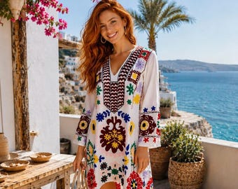 Hand-Embroidered Tunic Dress | Mexican Folk Style | Multicolored Flowers on Raw Cotton | Ethnic Boho Blouse, One-of-a-Kind