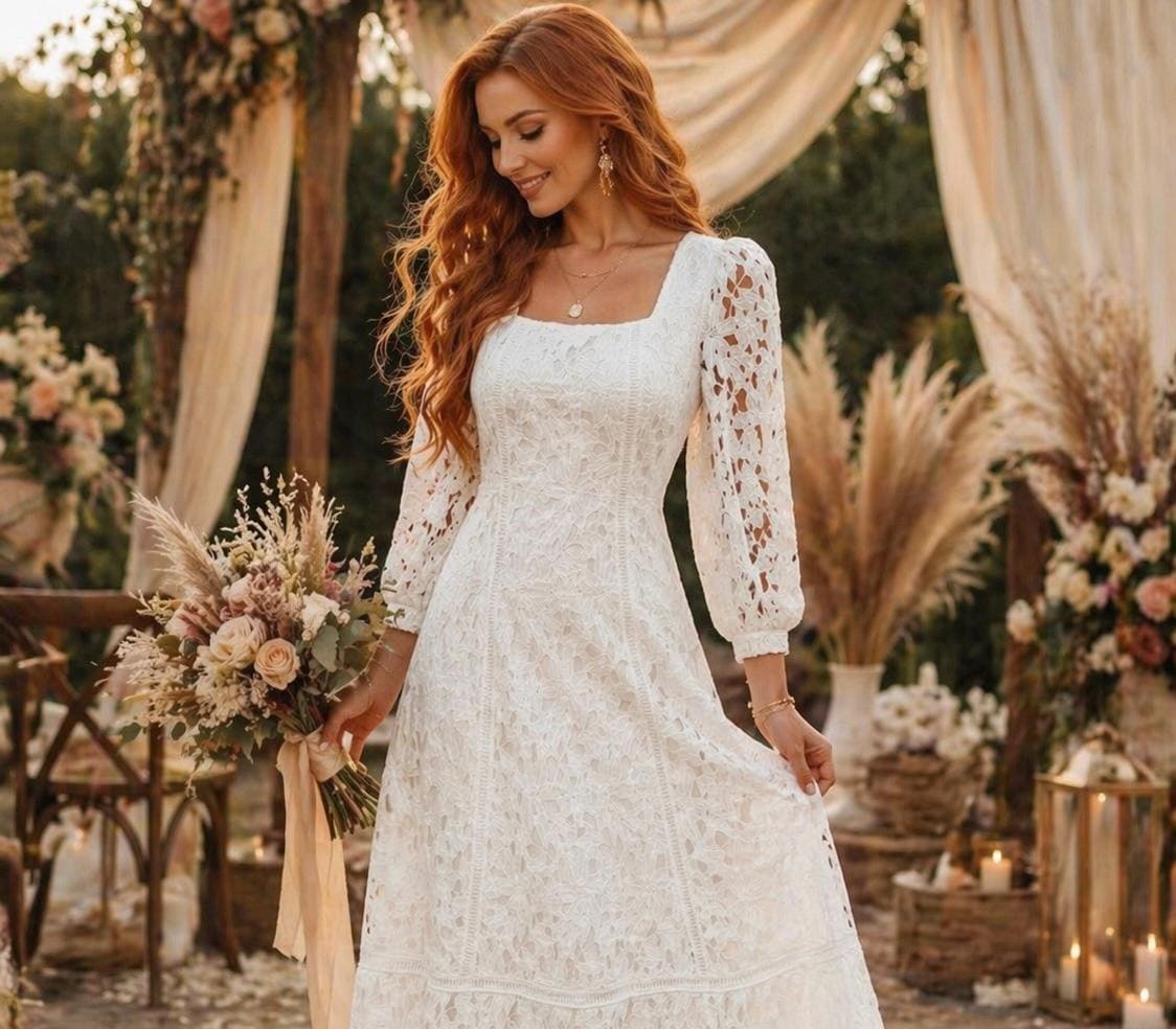 green emerald velvet dress Zapaka Women White Boho Long Sleeves Engagement Party Dress with Lace V-Neck Maxi Dress, White / M main image 0