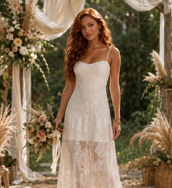 beach wedding dress etsy Boho Floral Lace with Sheer Details, White Dress for Civil or Wedding, Romantic Cottagecore Style, Maxi Lace Dress WK52Promo-US Zipper Made from lycra sartin shirt (Size):M Women's Blue Dress Sandals