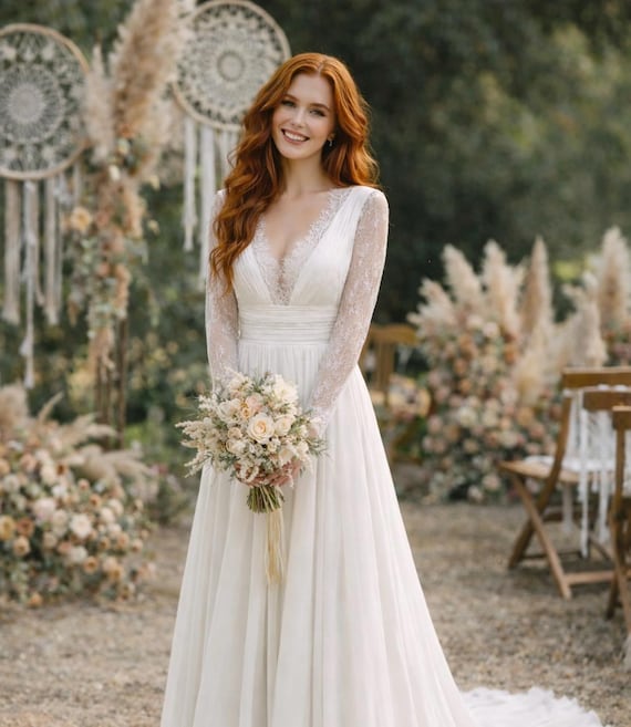 boho civil wedding dress Lace With Long Sleeves, Wedding Dress V-neck, Romantic Minimalist Wedding Dress, Vintage Soft Tulle Wedding Dress flowy simple boho wedding dress