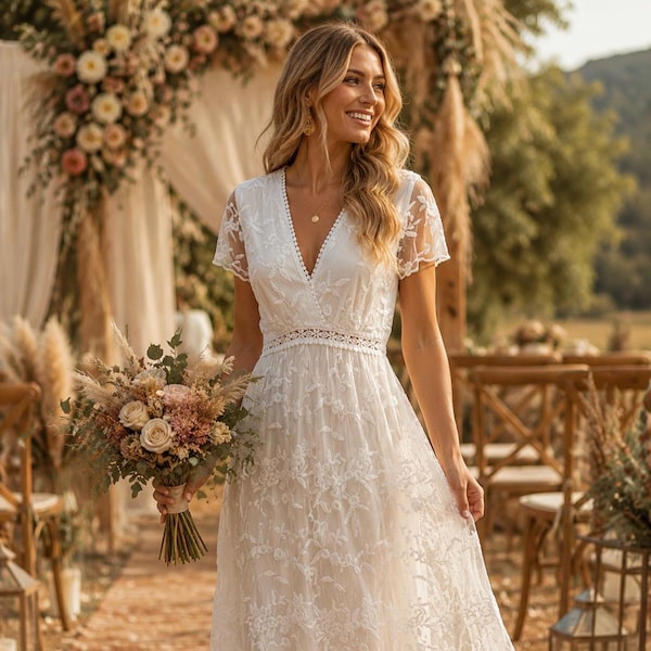 Long White Lace Boho Dress, Hand-Embroidered Floral | Ibizan Dress for Wedding Guests, Civil Weddings, Christenings | Romantic Handmade