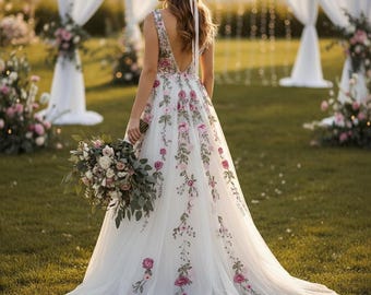 Floral Embroidered Wedding Dress, Fairytale Boho Style, V-Neckline and Colorful Flowers, Open Back, A-Line Tulle Dress