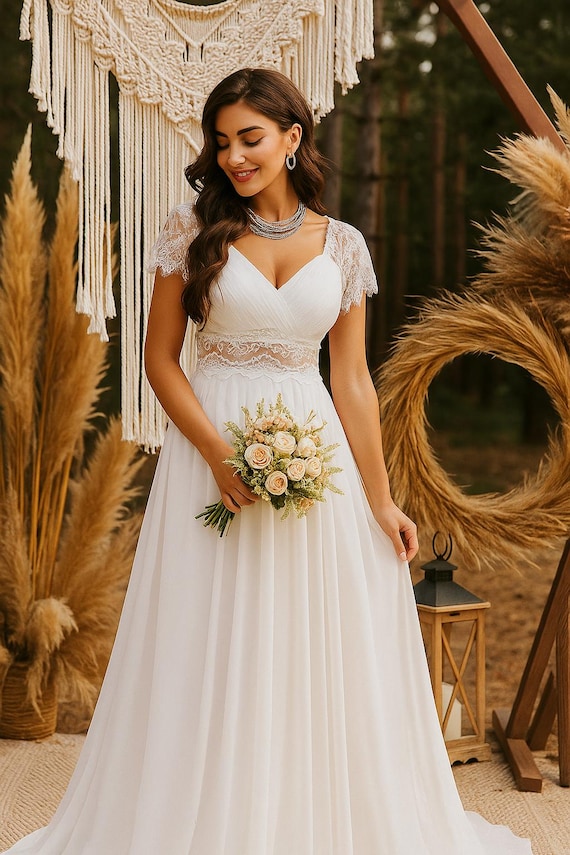 chinese dress ladies Boho A-Line Off-Shoulder Wedding Dress with Flower Appliques – AmberBride main image 0