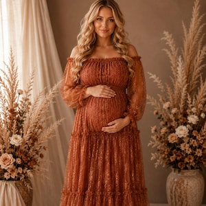 burnt orange long sleeve maternity dress Rust Maternity Dress