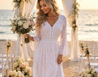 White Cotton Ibizan Dress | Long, Boho Chic Dress with Tassels | Long-Sleeved Beach Kaftan | Hippie Folk Festival Summer Dress
