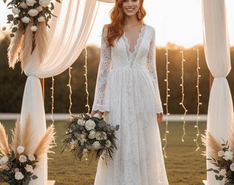 Robe sur mesure à manches courtes, décolleté en V profond, style bohème vintage, robe de mariée rustique pour la plage.