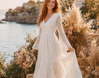 Boho Lace Wedding Dress with Bell Sleeves, Bohemian V-Neck Bridal Gown, Rustic Beach Wedding Dress, Flowy A-Line Vintage Romantic Elopement