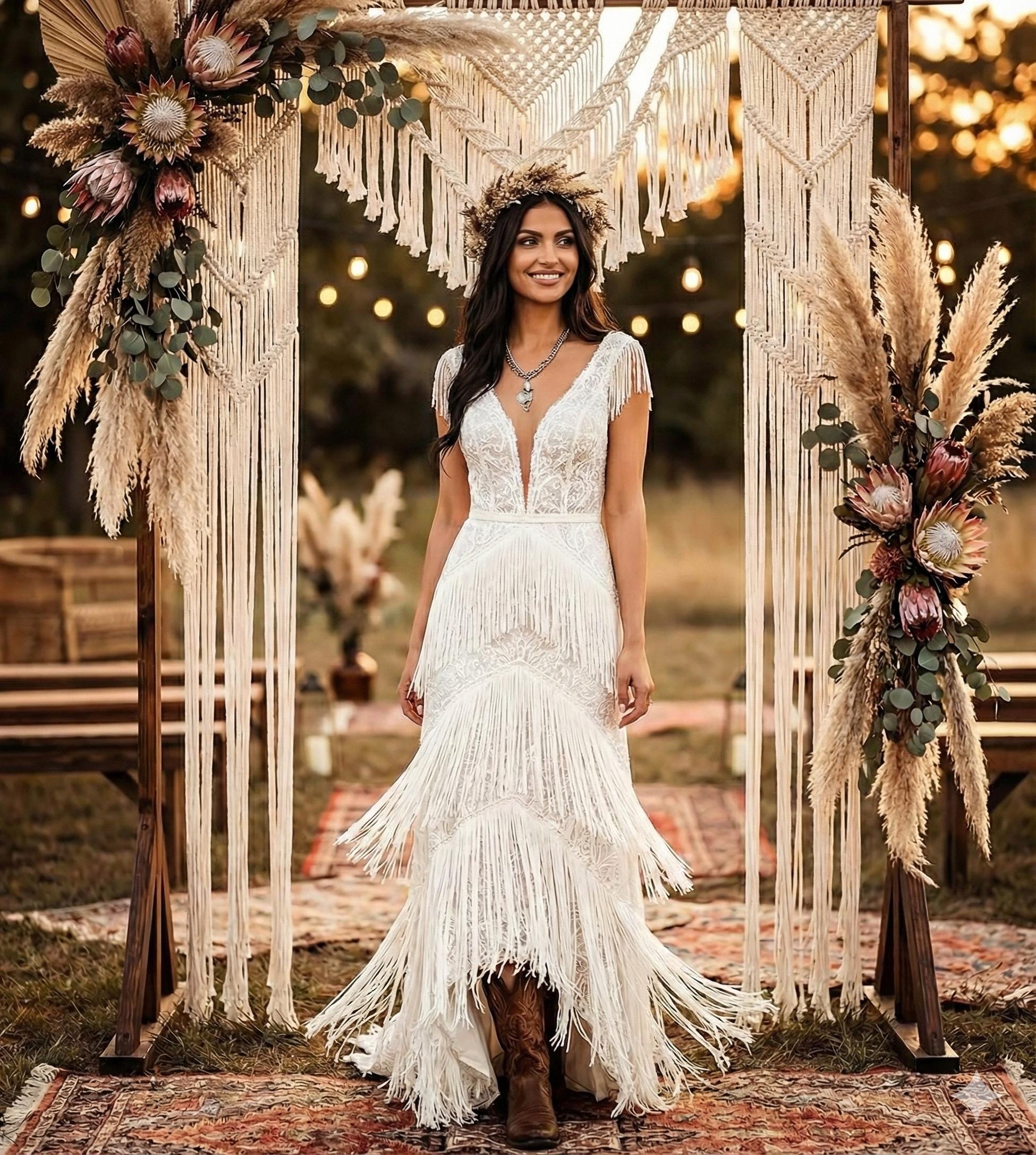 boho chic fringe dress Lace and Wedding | Bohemian Open Back Dress for Rustic or Beach Wedding | Hippie Alternative V-neck Style JCPenney Black Dress Pants batman Size:US 19 Buy Boho Fringed Dress