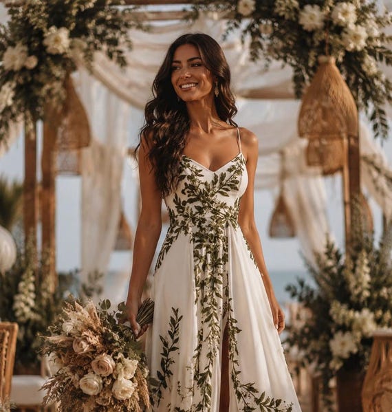 floral beach wedding dresses Boho Dress With Green Leaf Embroidery, A-line Wedding Dress, Nature Wedding Dress With Open Back and Slit, Romantic Bohemian #RusticWedding Floor Length 8 Size:42/8 V Neck Red A