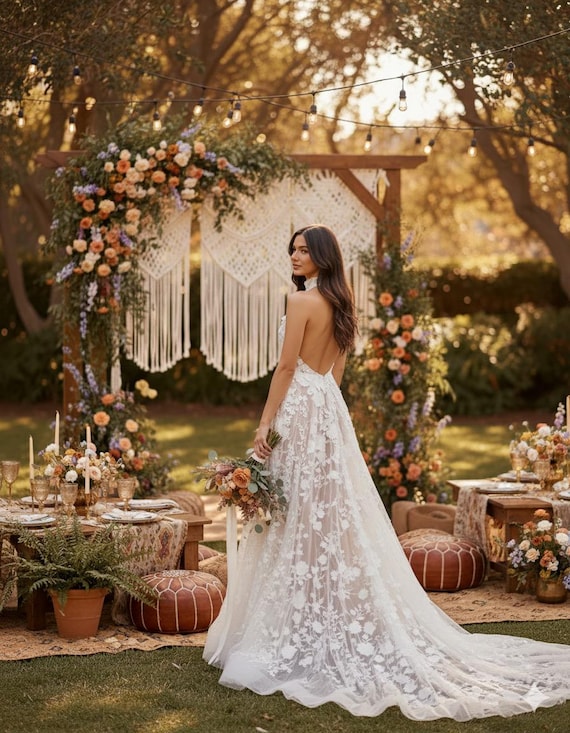 Bohemian Wedding Dress With 3D Flowers | Open Back and Halter Neckline | Embroidered Tulle for Beach or Country Wedding | Boho Style - Etsy Bohemian Wedding Dress With 3D Flowers | Open Back and Halter Neckline | Embroidered Tulle for Beach or Country Wedding | Boho Style - Etsy