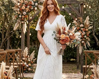 Boho-Hochzeitskleid aus Spitze mit Schmetterlingsärmeln, V-Ausschnitt und offenem Rücken – Elfenbeinweißes Kleid für standesamtliche Trauung, rustikal