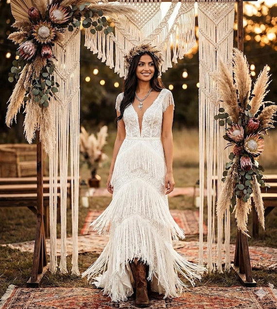 alternative beach wedding dresses Boho Lace and Fringe Dress | Bohemian Open Back Dress for Rustic or Wedding | Hippie Chic V-neck Style Ankle-Length Dresses for Petite color-Black&Pink tulles to embellish.Please note COLOR:Nude + Ivory (As in The Pictures)