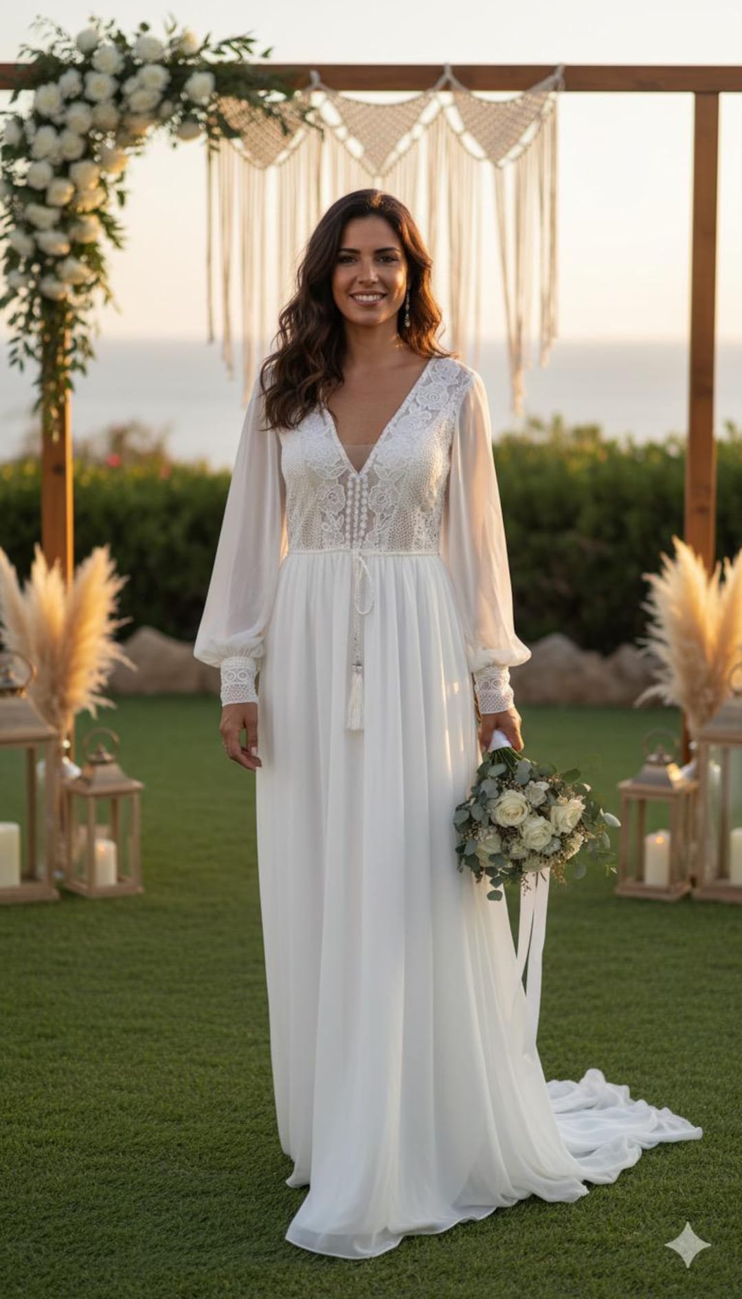 Chiffon and Lace Boho Wedding Dress, Long Puff Sleeves, Bohemian