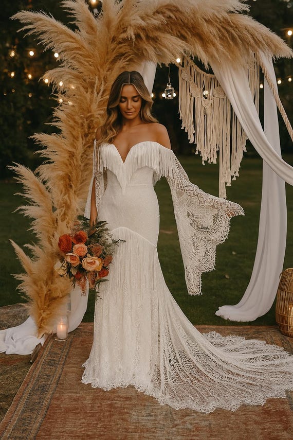 boho chic fringe dress Bohemian Mermaid Wedding with Fringe, Lace Bell Sleeves, Western Style, Off-the-Shoulder, Sweetheart Neckline, Wedding Size:2XL / 44-46 (Waist 96-106 cm, Hips 120-132 cm) Pair it with strappy Baby Pink Dark Terracotta Bridesmaid Dress