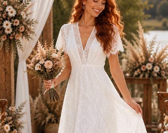 Boho Chic Beis Lace Dress - Midi Wedding Dress for Civil Ceremonies, Ibiza Style, Dress for Engagement Photos or Summer, Boho White Dress