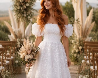 Vestido de Novia Corto Boho | Vestido Blanco para Boda Civil con Mangas Abullonadas y Apliques Florales | Vestido Romántico de Recepción
