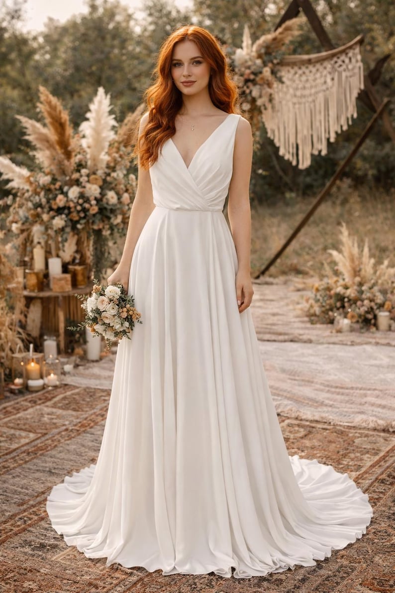 K&ouml;nnte beinhalten: Ein wei&szlig;es Brautkleid mit V-Ausschnitt und flie&szlig;endem Rock. Das &auml;rmellose Kleid hat ein eng anliegendes Oberteil. Die Braut h&auml;lt einen Blumenstrau&szlig;. Der Hintergrund zeigt Blumenarrangements und dekorative Elemente.