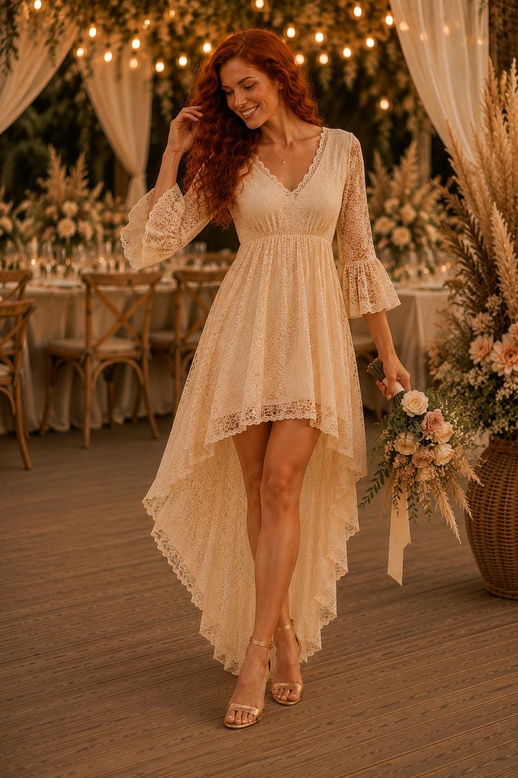 short boho wedding dresses Two Piece Short Sleeve Boho Wedding Dress
