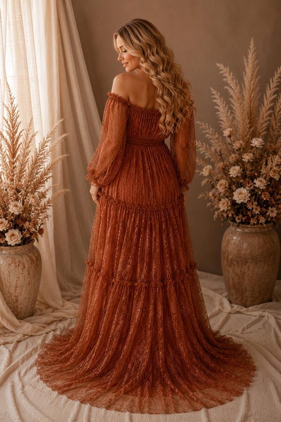 brown lace maternity dress for Photoshoot, Boho Terracotta Pregnant Dress, Elegant Off-Shoulder Maternity Dress Maxi length