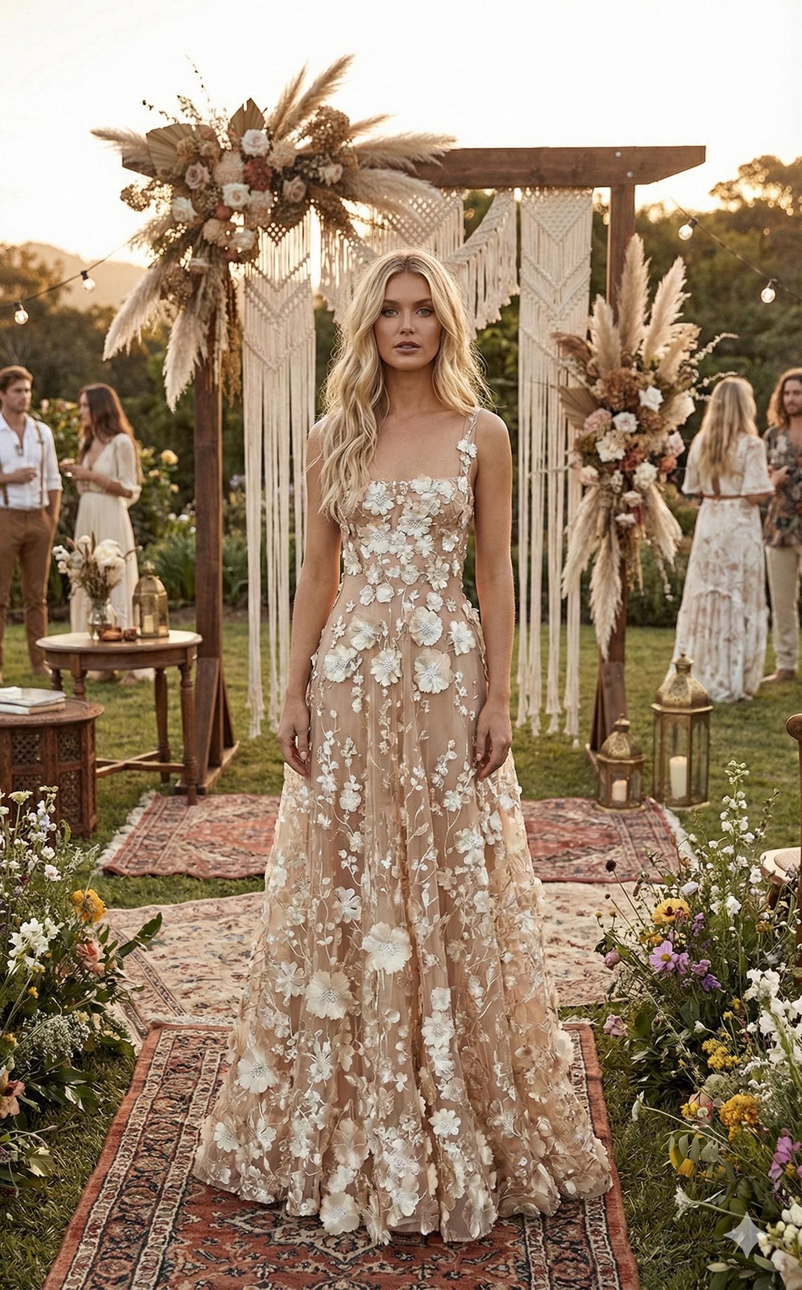 beige color dress Bohemian Tulle Wedding With 3D Flowers, Thin Straps, No Train, Rustic Wedding, Custom Made, Boho Wedding Dress, Wedding Boho WholesalePrice:92.50 showing side slit. SIZE:10.5 US - 29.5 MX Embroidered Georgette A Line