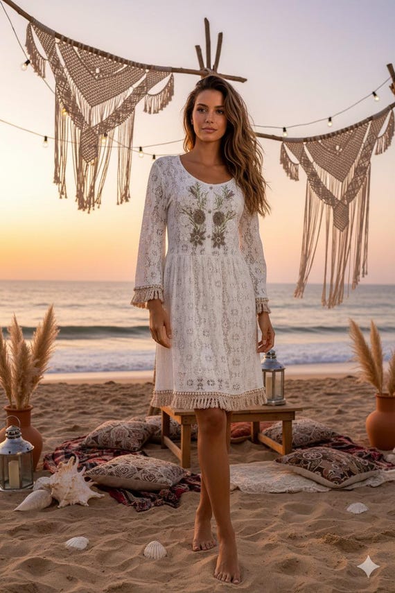 Short Boho Dress With Lace and Hand-embroidered Rhinestones and Fringed  Detail - Etsy