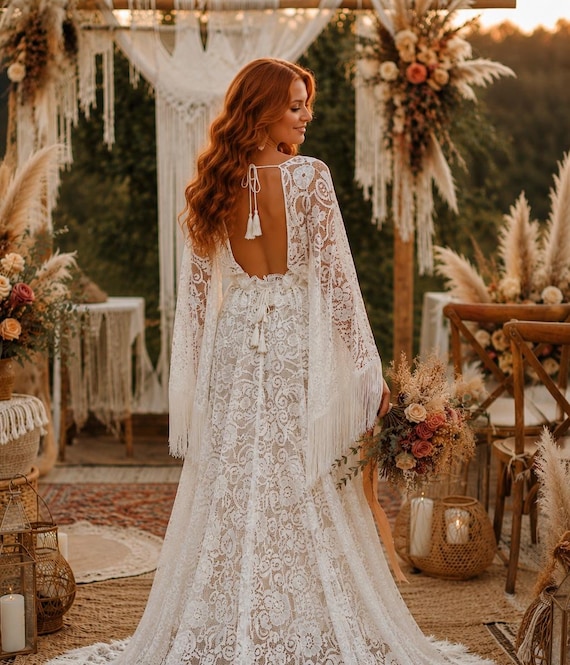 lace backless beach wedding dress Boho with Open Back Burgundy Satin Mermaid V-neck TTSUS Size:US14 featuring floral print and