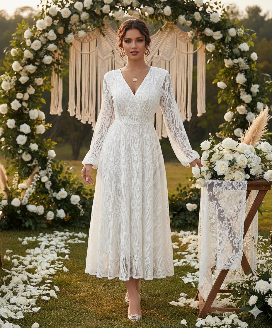 Robe de mariée mi-longue en dentelle bohème élégante