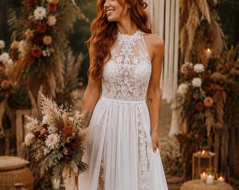 halter neck boho wedding dress Lace | Neckline With Flowy Chiffon Skirt | Beach Wedding Dress, Romantic Bohemian Wedding Dress, Rustic Civil lace halter neck wedding dress