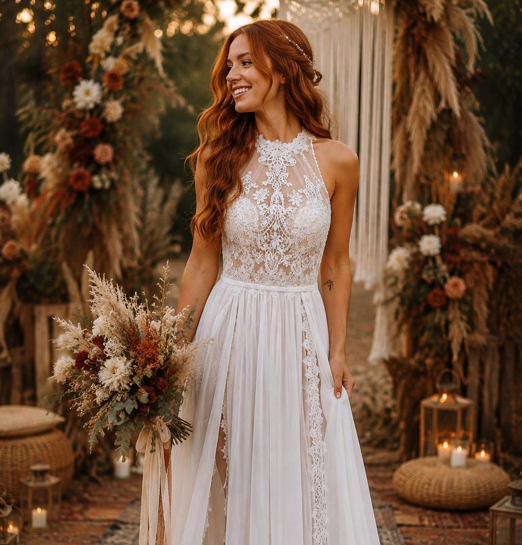 halter neck boho wedding dress Lace | Neckline With Flowy Chiffon Skirt | Beach Wedding Dress, Romantic Bohemian Wedding Dress, Rustic Civil lace halter neck wedding dress