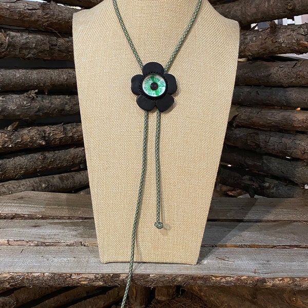 Emerald Eye Bolo Tie, Handcrafted Italian Leather with Designer Pendant, Gothic, Boho, Music Festival, Boho Accessory