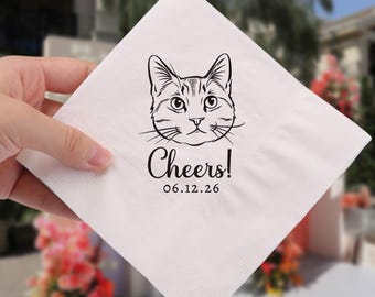 Cat Wedding Napkins Personalized, Custom Cat Portrait Cocktail Napkins for Wedding Bar, Bridal Shower Decor, Cat Lover Wedding Favors