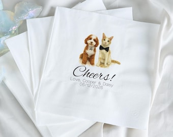 Gepersonaliseerde huisdierportret bruiloft servetten, gepersonaliseerd hond kat aquarelontwerp