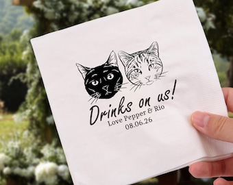 Personalized Pet Wedding Napkins, Custom Dog Cat Portrait Napkins, Wedding Cocktail Napkins with Pet Illustration, Cat Lover Wedding Decor