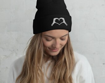 Skeleton Heart Hands Embroidered Cuffed Beanie: Cozy Unisex  display picture 1
