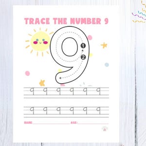 Afdrukbaar werkblad van 8,5 x 11 inch met het getal 9. Voor kleuters. Herleidbare getallenactiviteit en leermiddel.