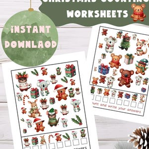 Zestaw dwóch świątecznych arkuszy PDF. Zestaw 2 stron z cyfrowymi zadaniami dla przedszkolaków. Naucz się liczyć i pisać cyfry.
