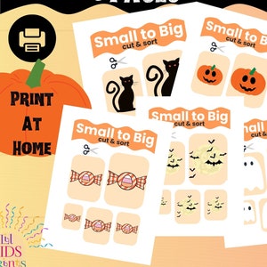 Halloween-activiteitenbladpakket. Ordenen, logische volgorde. Printbare digitale werkbladenbundel.