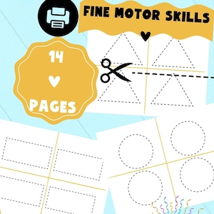 Feuille de travail numérique pré-scolaire imprimable à domicile.  Apprendre la motricité fine. Découper formes géométrique avec des ciseaux.