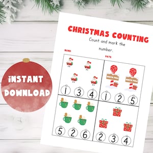 幼児向けクリスマス算数アクティビティ。数え方を学ぼう。教育用PDFワークシート。数字と図形の学習