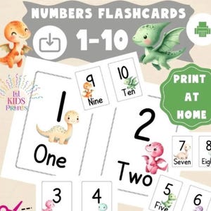 Learn to count numbers 1 to 10 with digital dinosaur flash cards. Download and print. Preschool visual educational tool for young learners.